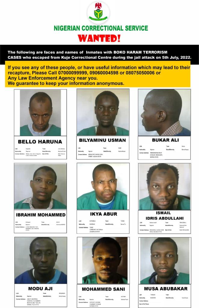 ARISEtv's tweet photo. The Nigerian Correctional Service has released the names and images of Boko Haram inmates who escaped from the Kuje Custodial Centre in Abuja on Tuesday, July 5, 2022.
#Kujeprisonbreak
#kujeprisonattack
#ISWAP
#Nigeriancorrectionalservice
A Thread https://t.co/uSTEvI7Udx