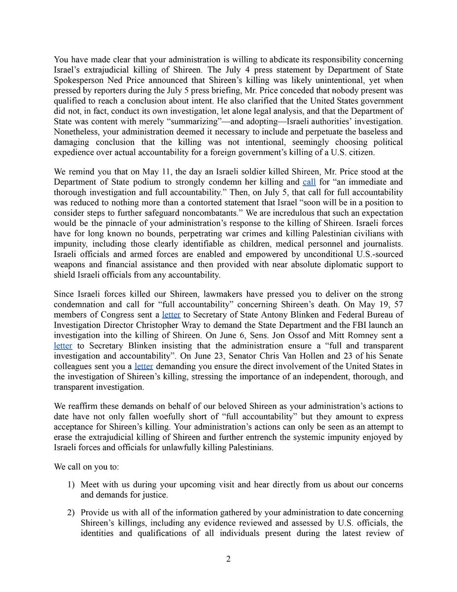 LinaAbuAkleh's tweet photo. This morning, our family sent this letter to @POTUS demanding that he meet with us during his upcoming trip to the region. We deserve accountability. #JusticeForShireen https://t.co/BfBHUhkOXB