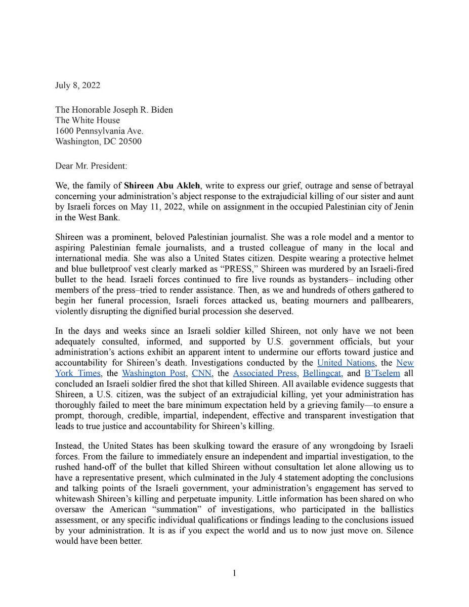 LinaAbuAkleh's tweet photo. This morning, our family sent this letter to @POTUS demanding that he meet with us during his upcoming trip to the region. We deserve accountability. #JusticeForShireen https://t.co/BfBHUhkOXB