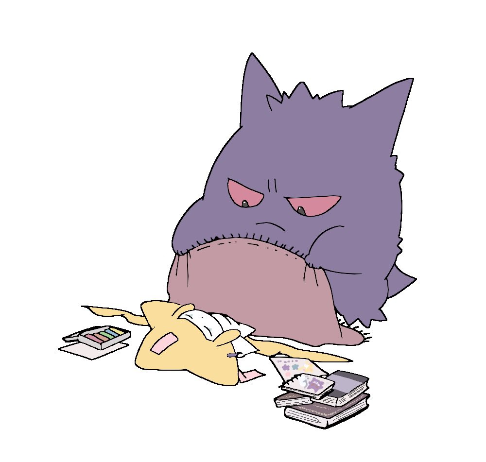 gengar pokemon (creature) no humans white background blanket book simple background lying  illustration images