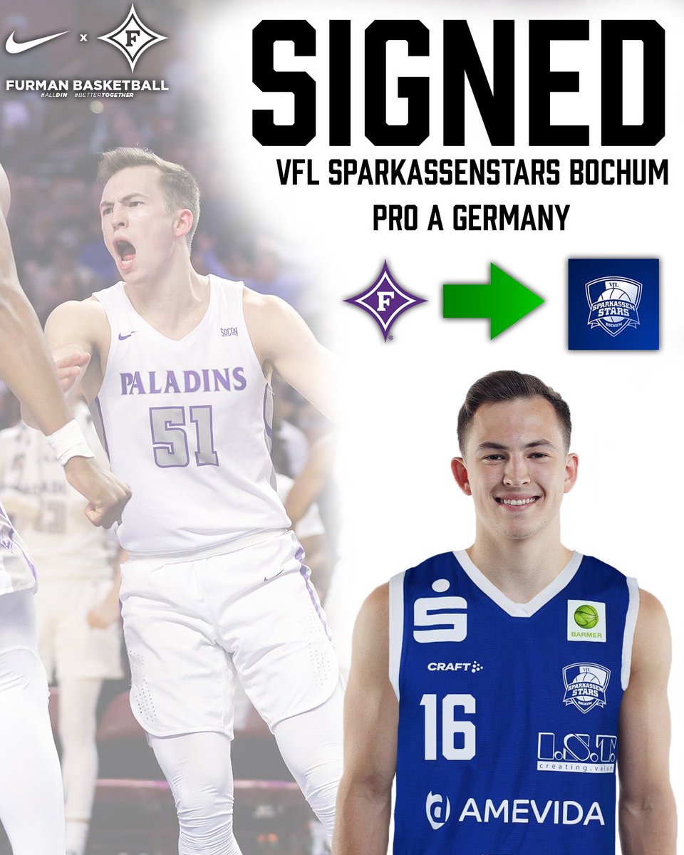 FurmanMBB's tweet photo. HE’S A PRO 🏀 Congrats to our guy, Conley Garrison on signing his first Professional Contract with VFL Bochum in the ProA Germany League ☑️
#AllDIN #BetterTogether https://t.co/1LbFB9iF2y