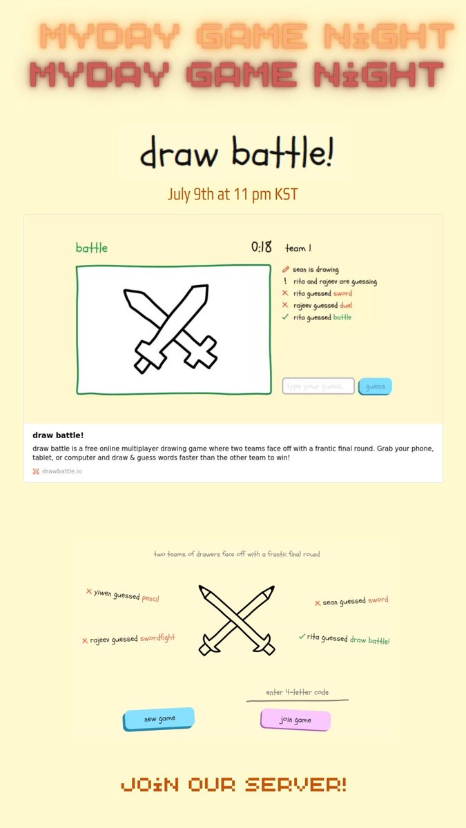 mydayscord's tweet image. Hello MyDays, how are you? Hope you're doing good &amp;lt;3
It's been a wild week for me, so happy that the weekend is coming HAHAHA

Game night is coming to the rescue! Join us playing DrawBattle this Saturday at 11 pm KST

See you 💘

#MyDayGameNight
#DrawBattle
#MyDayDiscord 🦆