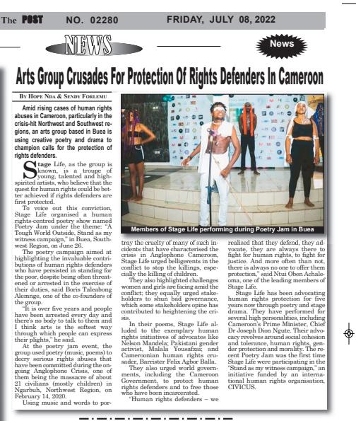 StageLife237's tweet photo. The #StandAsMyWitness POETRY JAM 🇨🇲 still making headlines

#Stagelife
#artivism
#spokenword 
#poetrytwitter 

@CIVICUSalliance https://t.co/tfg0UuyYmM