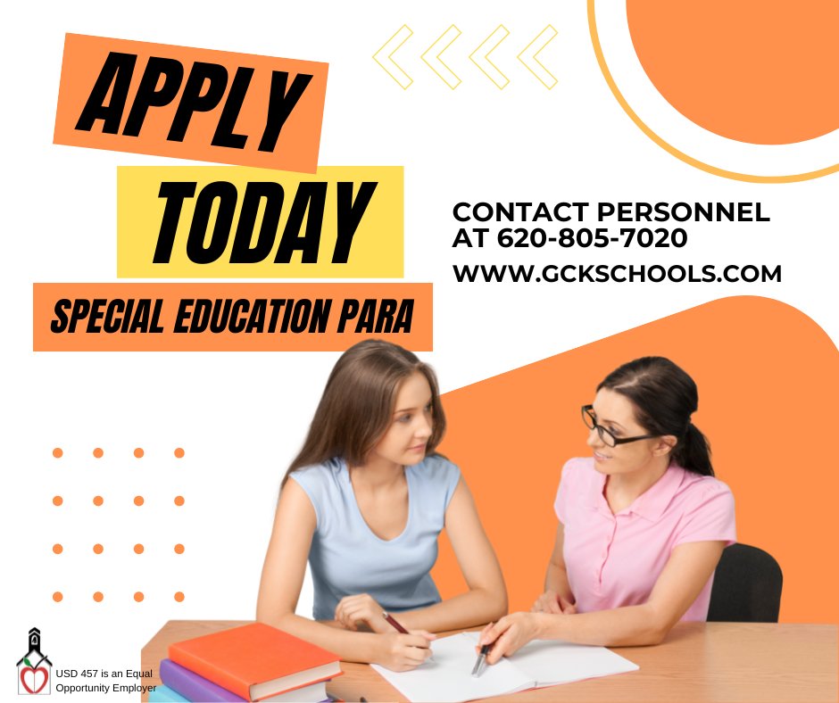 We're looking for paraprofessionals to work with our special education students. Send a message or give us a call today at 620-805-7020 if you have questions. Apply at gardencity.tedk12.com/hire/index.aspx.