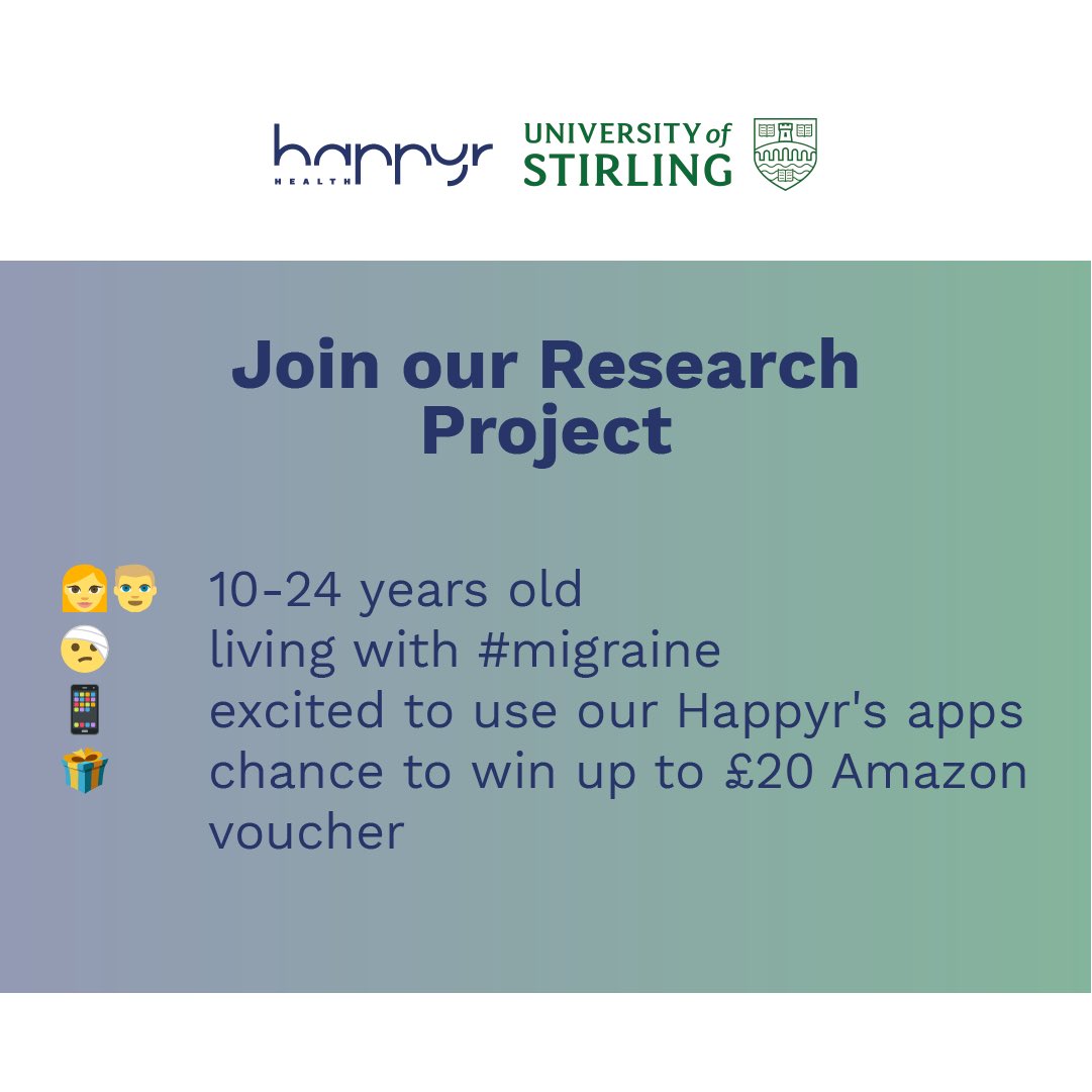 Happyr Health® (@happyrhealth) on Twitter photo Are you between 10-24 and live with migraine? Do you know someone?
Looking for participants for a study on self-care for young people with migraine conducted by <a href="/StirUni/">University of Stirling</a> and <a href="/HappyrHealth/">Happyr Health®</a> 🔎🤗
Share with your network, patients, friends, family: happyrhealth.com/happyr-researc… Are you between 10-24 and live with migraine? Do you know someone?
Looking for participants for a study on self-care for young people with migraine conducted by <a href="/StirUni/">University of Stirling</a> and <a href="/HappyrHealth/">Happyr Health®</a> 🔎🤗
Share with your network, patients, friends, family: happyrhealth.com/happyr-researc…