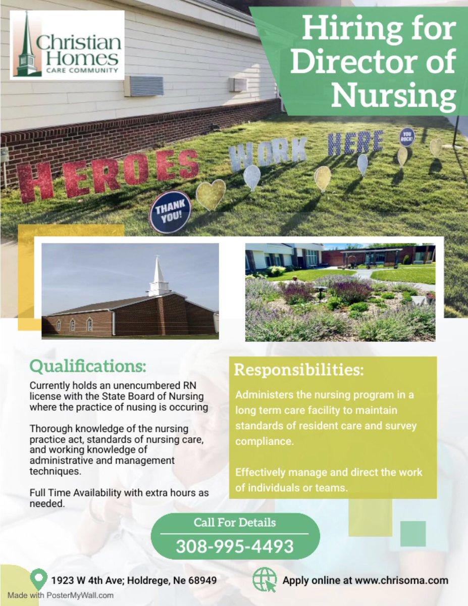 ChristianHomeNE's tweet photo. We are looking to hire for Director of Nursing at CHCC. Apply online or in person! https://t.co/QTJlmJn616