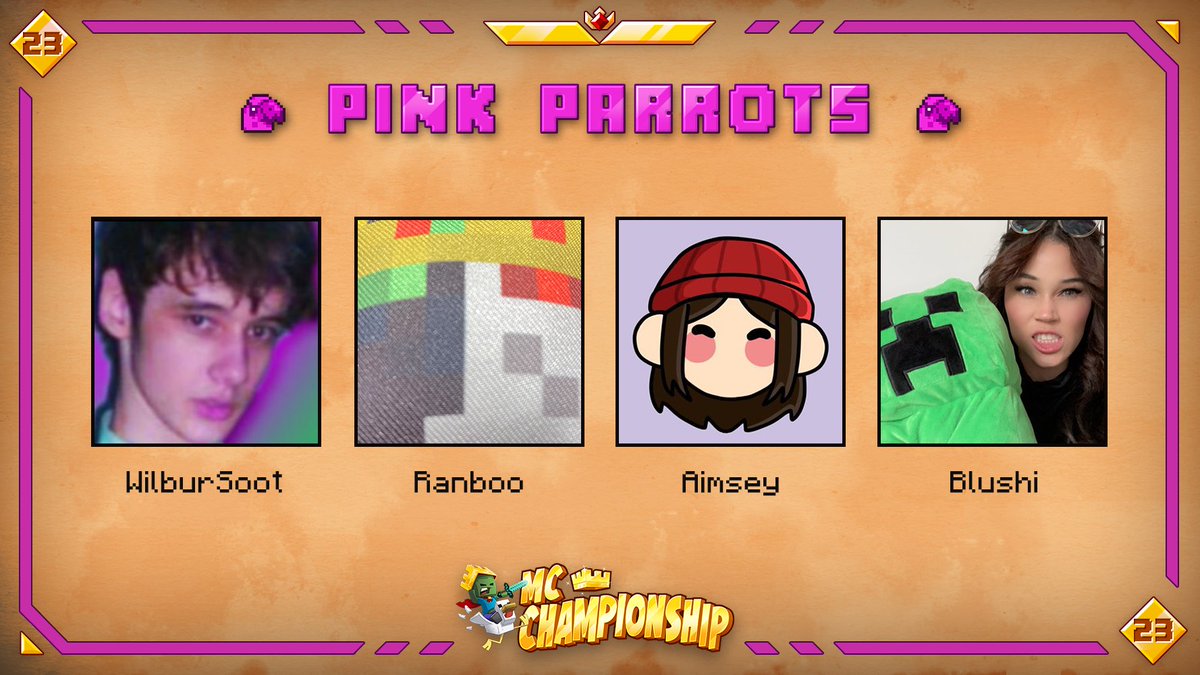 MCChampionship_'s tweet image. 👑 Announcing team Pink Parrots 👑

@WilburSoot @Ranboosaysstuff @aimseytv @BlushiMC 

Watch them in MCC on Saturday July 23rd at 8pm BST!