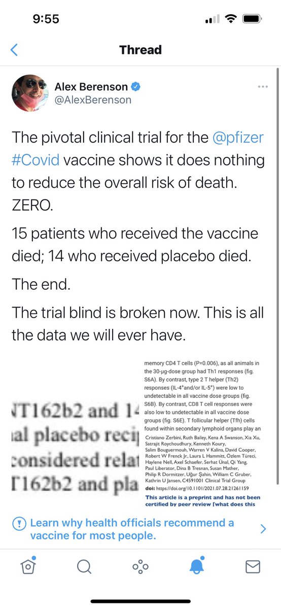 AlexBerenson's tweet photo. The pivotal clinical trial for the @pfizer #Covid vaccine shows it does nothing to reduce the overall risk of death.

ZERO.

15 patients who received the vaccine died; 14 who received placebo died.

The end.

The trial blind is broken now. This is all the data we will ever have. https://t.co/5RoWfiJ6s2