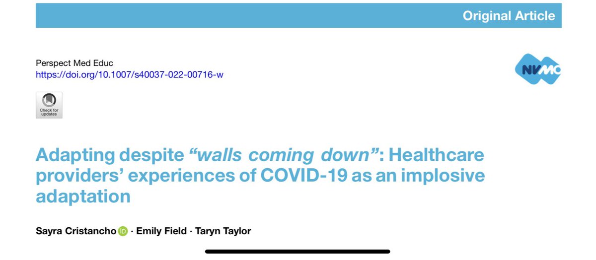 New article by @scristaM Emily Field and <a href="/tarynsuzanne/">Taryn Taylor</a> 

Adapting despite “walls coming down”: Healthcare providers’ experiences of COVID-19 as an implosive adaptation

Dive in here to explore more  link.springer.com/article/10.100…