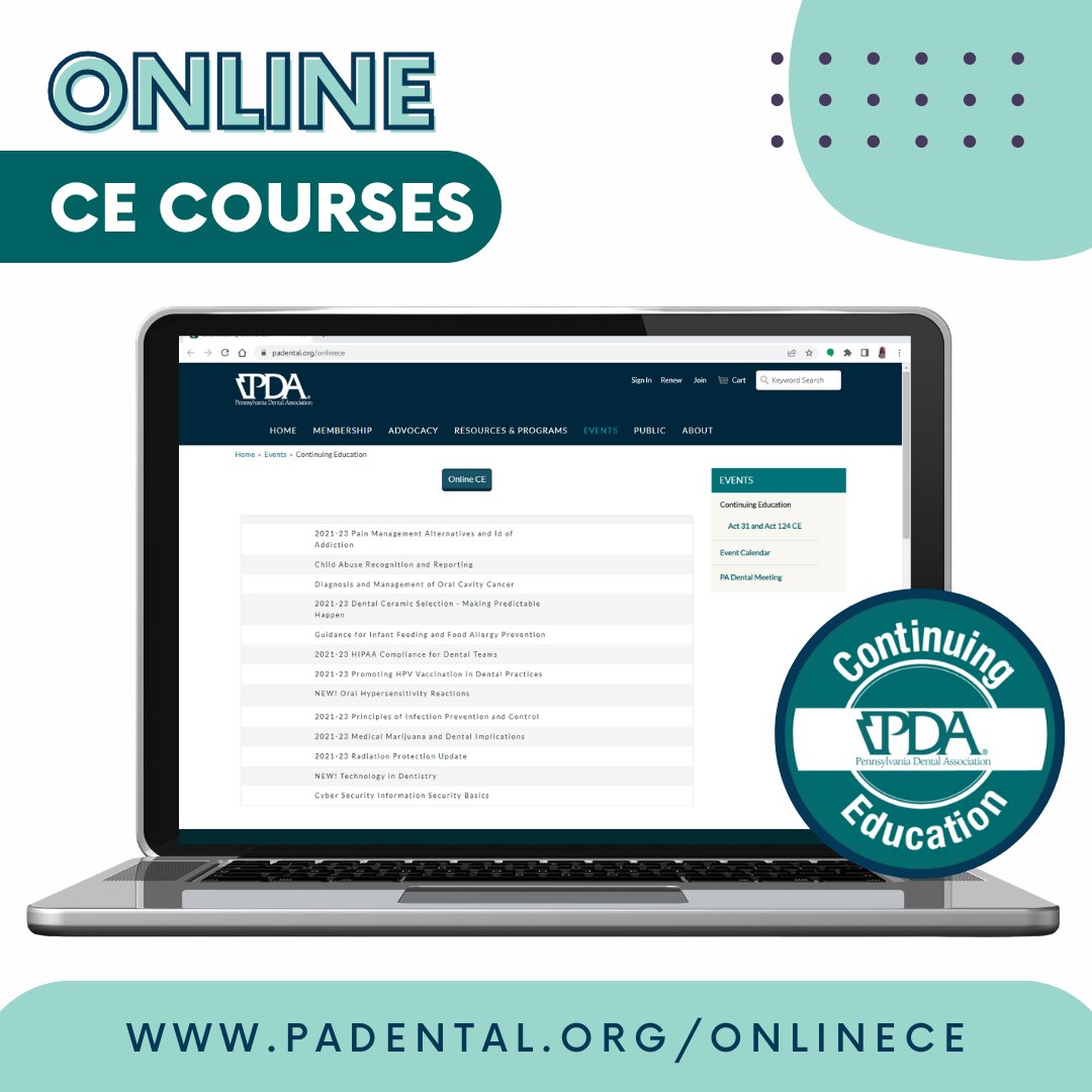 padentalassn's tweet image. From the comfort of your home or office, dentists and their staff members can earn CE credits online with PDA. Special pricing and complimentary courses are available to members and non-members!

Visit padental.org/onlinece to read descriptions and register.

#PDACE #OnlineCE