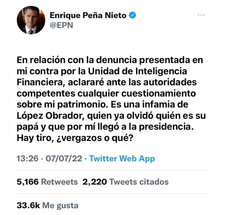 miotabascomx's tweet photo. #HayTiro 🥊 Así responde el ex presidente de #Mexico Enrique Peña Nieto a la denuncia de la #UIF ante la #FGR sobre sus supuestos ingresos de procedencia ilícita. https://t.co/kLkrcW7JWw