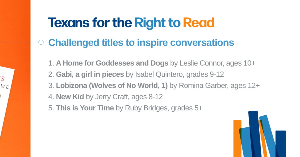 Hey parents and students! Summer is a great time to expand our horizons. Texans for the Right to Read has curated a list of five “challenged” books that inspire conversation. 

These titles depict stories with diverse viewpoints of people who are a part of every community.