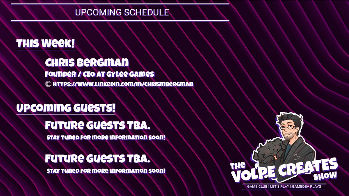 This week we're back with my good friend Chris Bergman (<a href="/chrisbergman/">Bergs</a>) of <a href="/GyleeGames/">Gylee Games</a>. Join us at 1pm EST on the channel twitch.tv/volpecreates.

It'll be a good one!