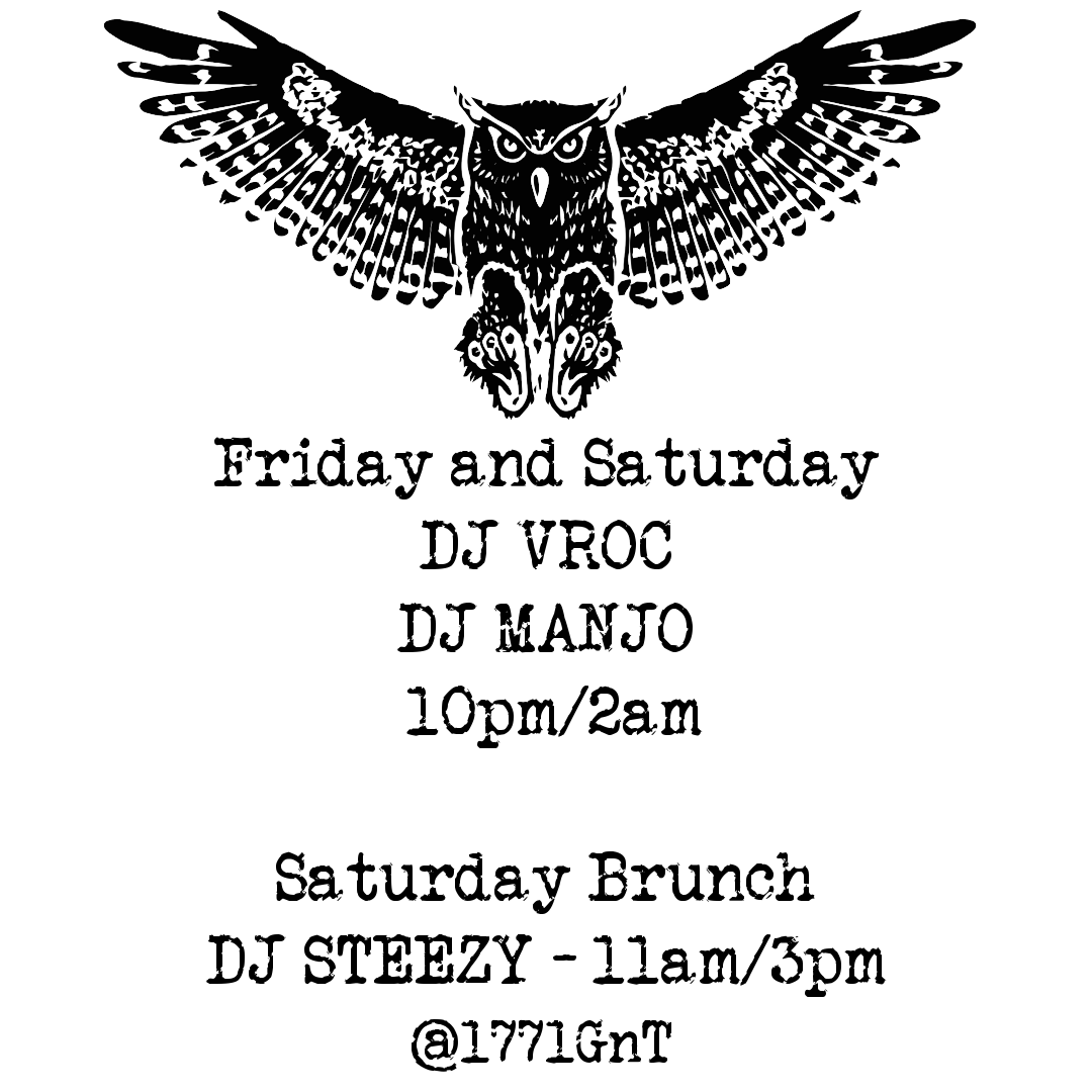 1771G&amp;T's weekend entertainment:
Friday - DJ Vroc - 10pm/2am
Saturday Brunch - DJ Steeszy - 11am/3pm
Saturday - DJ Manjo - 10pm/2am
Have a great weekend everyone!!🥂🔥🎶
#music #dj #entertainment #annapolis #weekend #1771gnt #dancethenighaway #downtownannapolis #visitannapolis