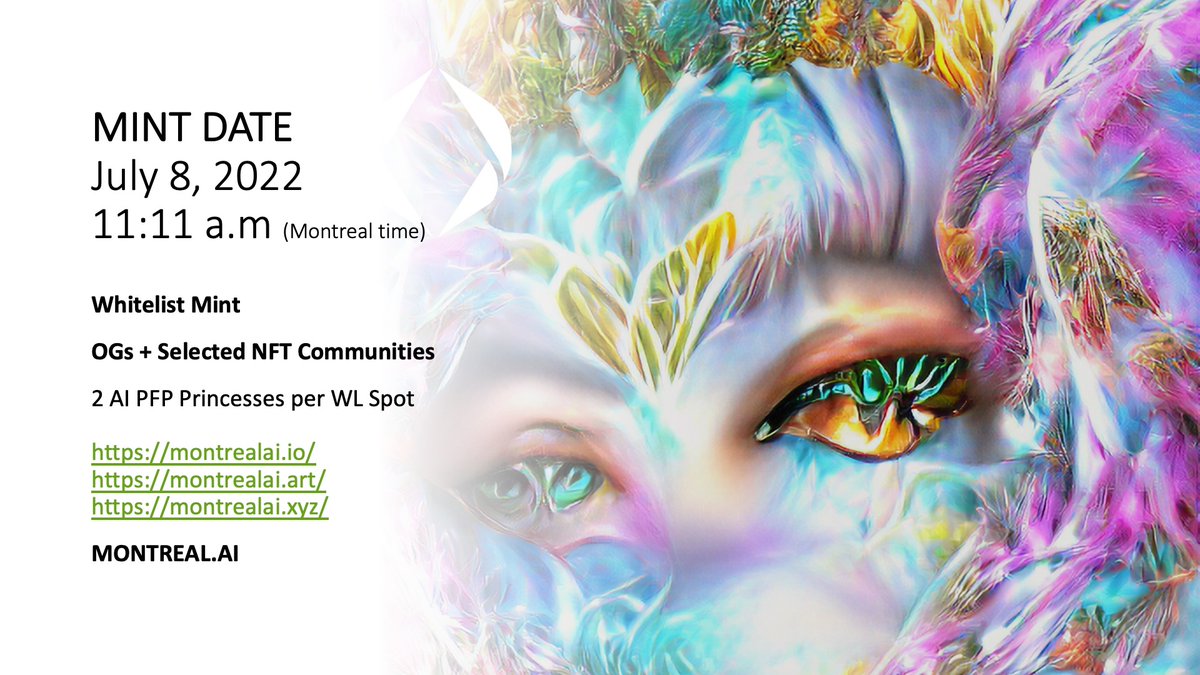 Montreal_AI's tweet photo. "AI PFP AIPrincesses" - MINT

July 8, 2022 11:11 a.m (Montreal time)

💃 Born to rule the Web3 World 👸👑

Minting Website: https://t.co/Q2ZMLsYIz0

OpenSea: https://t.co/NozNOysvUc

Discord https://t.co/1BCr8EHTgZ

#WeAreComingOut 💃✨💃

#NFT #NFTCommunity https://t.co/OxTTc659KQ