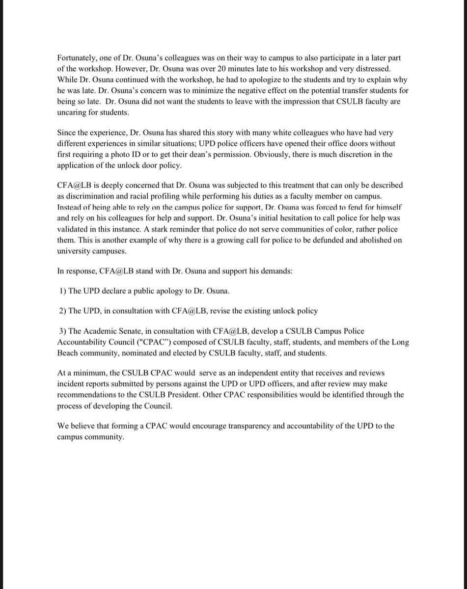 I wanted to share an incident between the CSULB campus police and myself. Please see the statement by my union and I that outlines the disrespectful interaction I experienced with campus police as I tried unsuccessfully to get them to unlock my office door.