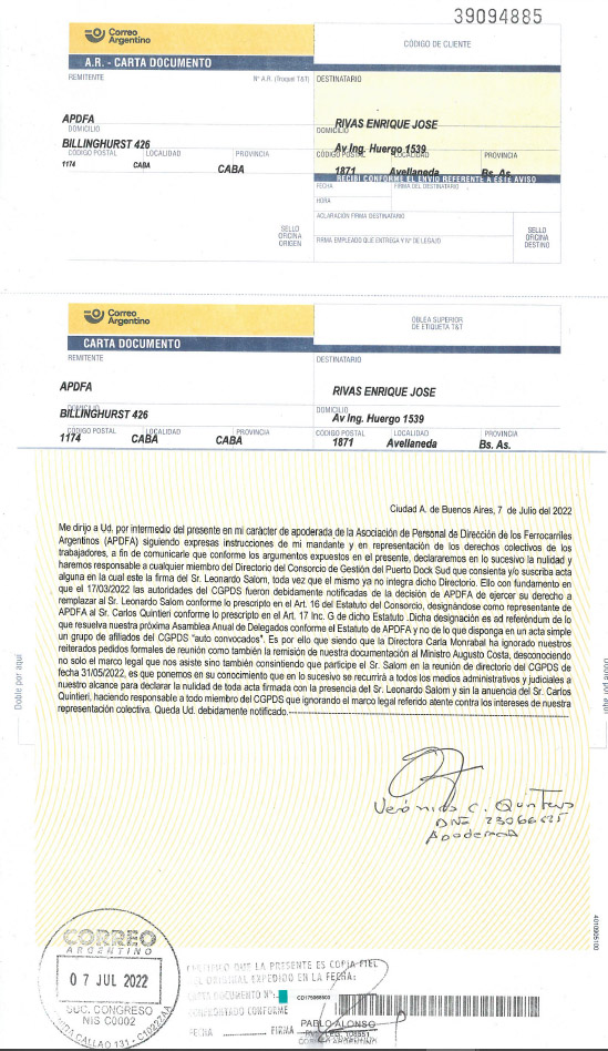 APDFApuertosOK's tweet photo. Ante el desconocimiento de @CarlaMonrabalok de  Carlos Quintieri como nuestro integrante en el directorio de @PuertoDockSud (Cf. decreto Pcial, Estatuto y documentación remitida a @CostaAugusto9) notificamos por C.D. a los miembros del directorio nuestras futuras impugnaciones https://t.co/WikWNEhfsr