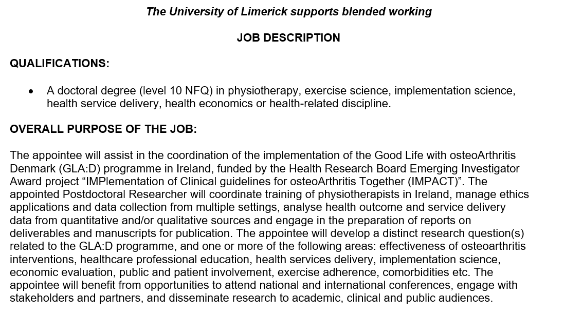 📢WE ARE HIRING! Postdoctoral Researcher to assist with implementation of @GLAD_Ireland. @UL_Research Can have background in: Physiotherapy Ex Science Implementation Science Health Service Delivery Health Economics Health-related Discipline ul.ie/hrvacancies/ PLEASE RT!