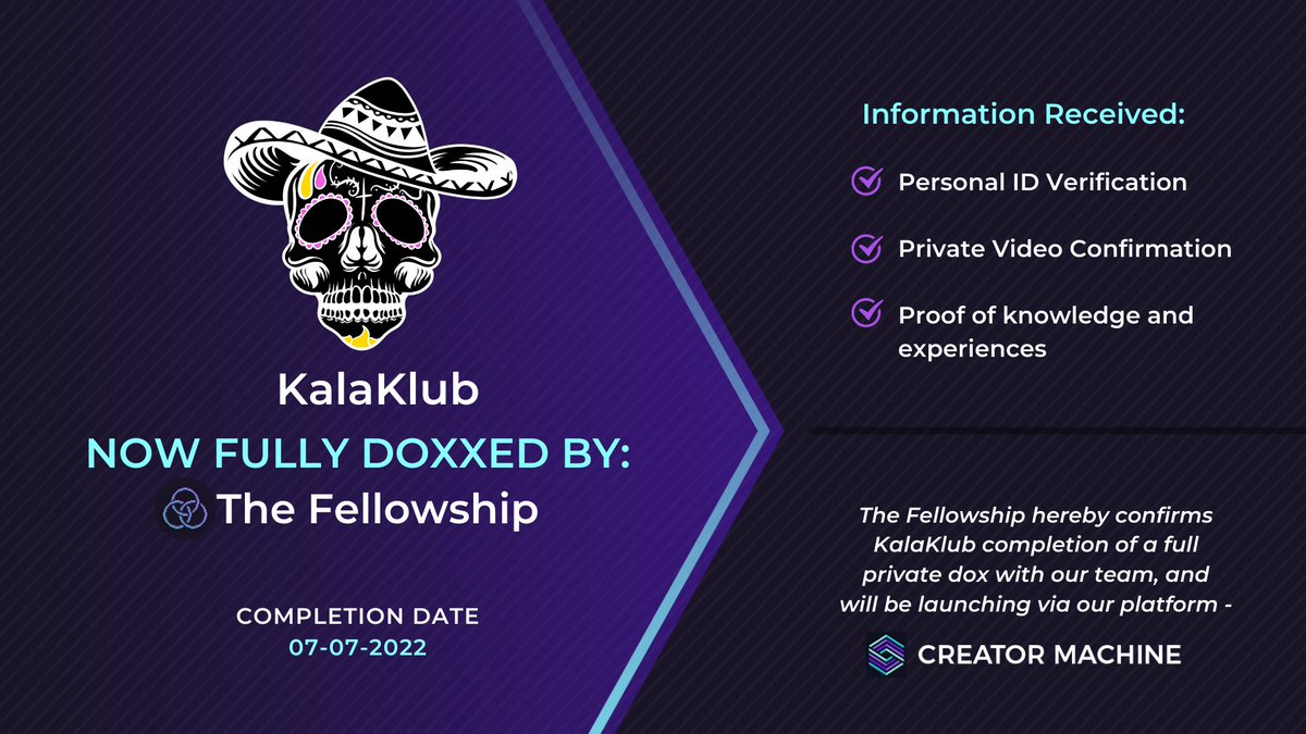 We're super excited to announce we have been fully Doxxed by <a href="/FellowshipDAO/">Fellowship</a> 🔍
Now you can no longer have doubts on KalaKlub.

Don't Sleep on KalaKlub 💀

3 WL Spots + 2 OG Spots + 1 Free Mystery Box WL
RT + Tag Friends, Follow <a href="/KalaKlub_/">KALAKLUB 💀</a>