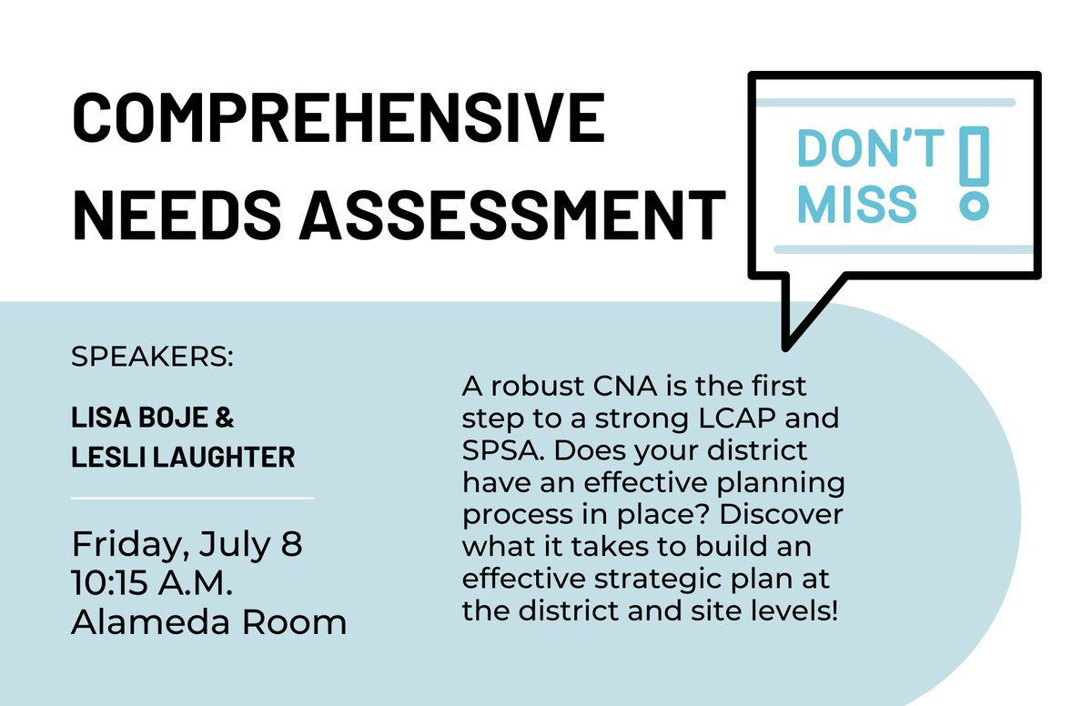 806Technologies's tweet image. Don&apos;t miss this session @CalsaFamilia! 

THE COMPREHENSIVE NEEDS ASSESSMENT - Friday, July 8 at 10:15 AM in the Alameda Room

calsasummerinstitute2022.sched.com/.../the...

#CALSAFamilia #2022SummerInstituteConference