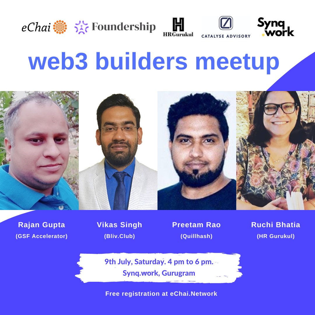 eChai Ventures (@echaiventures) on Twitter photo web3 builders meetup in Gurugram is happening tomorrow (9th July, Saturday) at Synq Work frm 4 pm to 6 pm.
Free registration @ echai.network/events/web3-bu…
Similar in-person meetups by <a href="/eChaiVentures/">eChai Ventures</a> & <a href="/FoundershipHQ/">Foundership</a> are happening simultaneously in 7 cities on 9th July, Sat.
<a href="/rucsb/">Ruchi ( HRGURUKUL ) ✍️🚴♂️🍻🇮🇳</a> web3 builders meetup in Gurugram is happening tomorrow (9th July, Saturday) at Synq Work frm 4 pm to 6 pm.
Free registration @ echai.network/events/web3-bu…
Similar in-person meetups by <a href="/eChaiVentures/">eChai Ventures</a> & <a href="/FoundershipHQ/">Foundership</a> are happening simultaneously in 7 cities on 9th July, Sat.
<a href="/rucsb/">Ruchi ( HRGURUKUL ) ✍️🚴♂️🍻🇮🇳</a>
