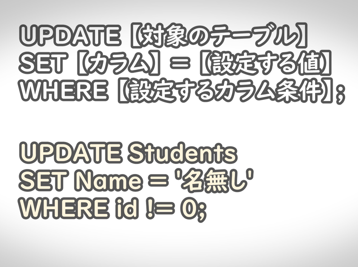 Aipictors's tweet photo. ★SQLServer
☑ 「UPDATE」で対象のテーブルのカラムの値を更新することができる
☑ 「WHERE」を使って更新対象のデータを絞ることが可能
☑ 削除や、新規作成は行えないため注意する
#TechMemo
#エンジニアと繋がりたい
#駆け出しエンジニアと繋がりたい https://t.co/b4NvDLRYBq