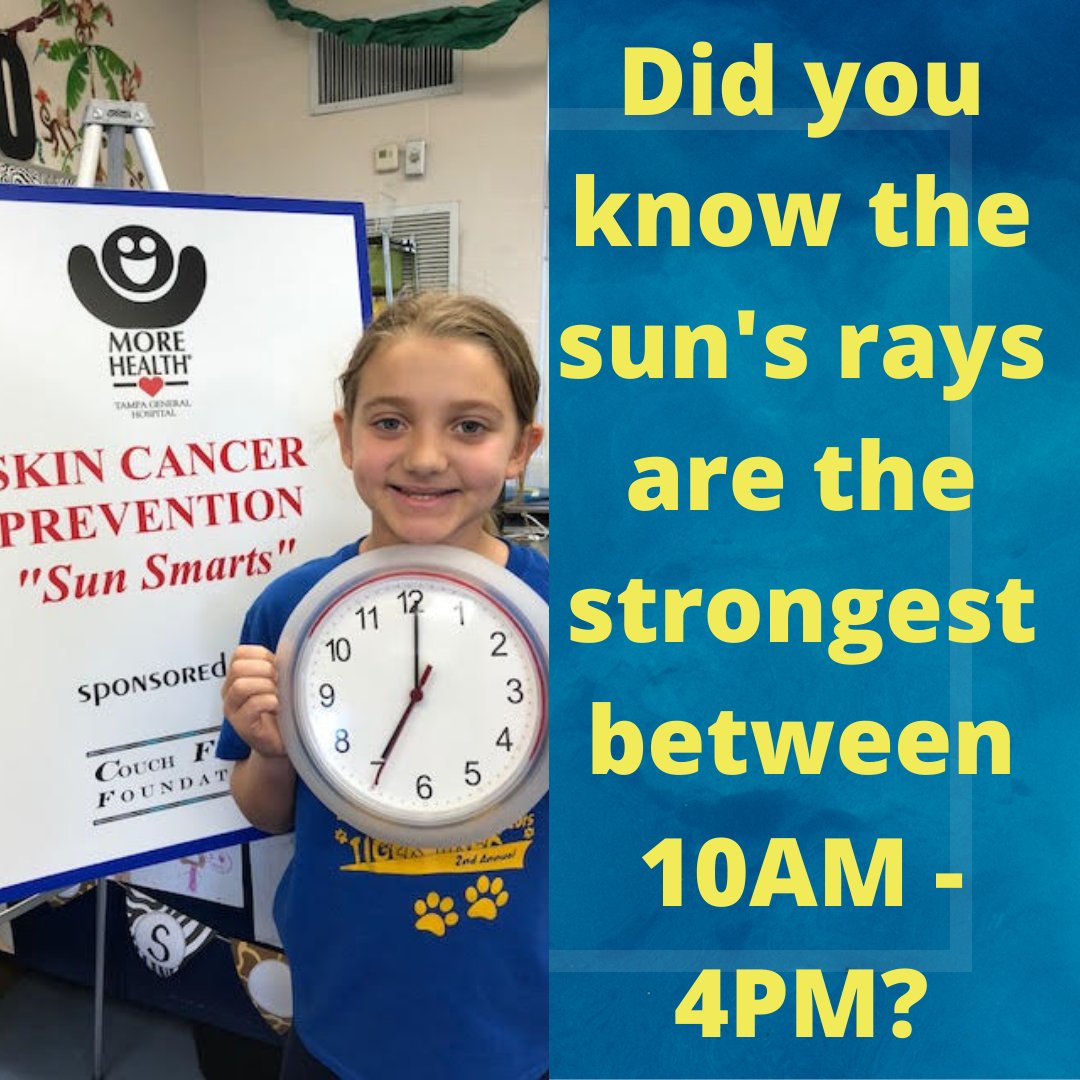 Did you know the sun's rays are the strongest between 10AM - 4PM? Remember to cover up with a hat, sunglasses, sunscreen and protective clothing! Thank you Marty & Ted Couch Fund at the Community Foundation of Tampa Bay!