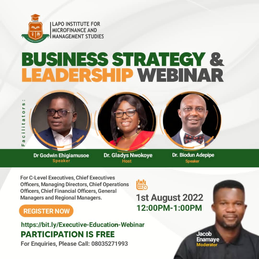 lapoinstitute's tweet photo. Few weeks to go!!
Have you registered???
With Biodun Adedipe, Godwin Ehigiamusoe, Jacob Enamaye
#lapoinstitute #business #strategy #leadership #webinar #executiveeducation #amp #smp #omp #bbmp #Zaria #Yusuf #Japan https://t.co/qxGNMWD5mP