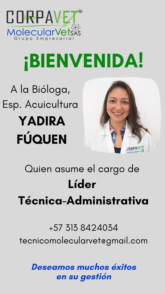 Bienvenida! corpavet.com / molecularvet.com Comunicación en +57 313 8424034 y tecnicomolecularvet@gmail.com