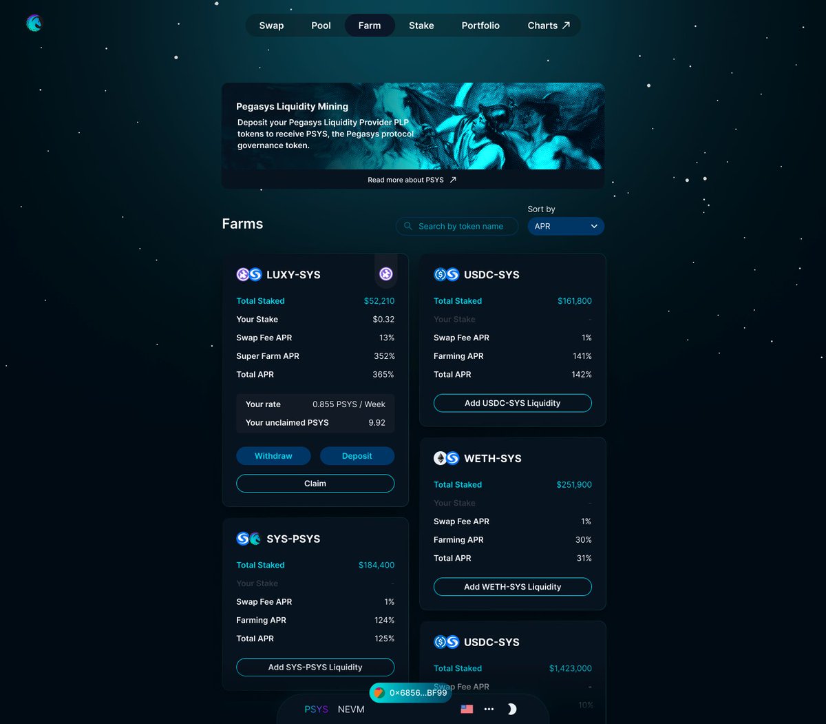 PegasysDAO's tweet photo. The first super farm of #PegasysDEX is in full swing! 🌾

Bring your $LUXY / $SYS LP to farm for $PSYS &amp; $LUXY double rewards.

Oh, by the way, here goes a sneak peek of our brand-new UI 👀

Our team is working hard to improve it, and we’ll keep you posted about the release date. https://t.co/JVBFBxyfVx