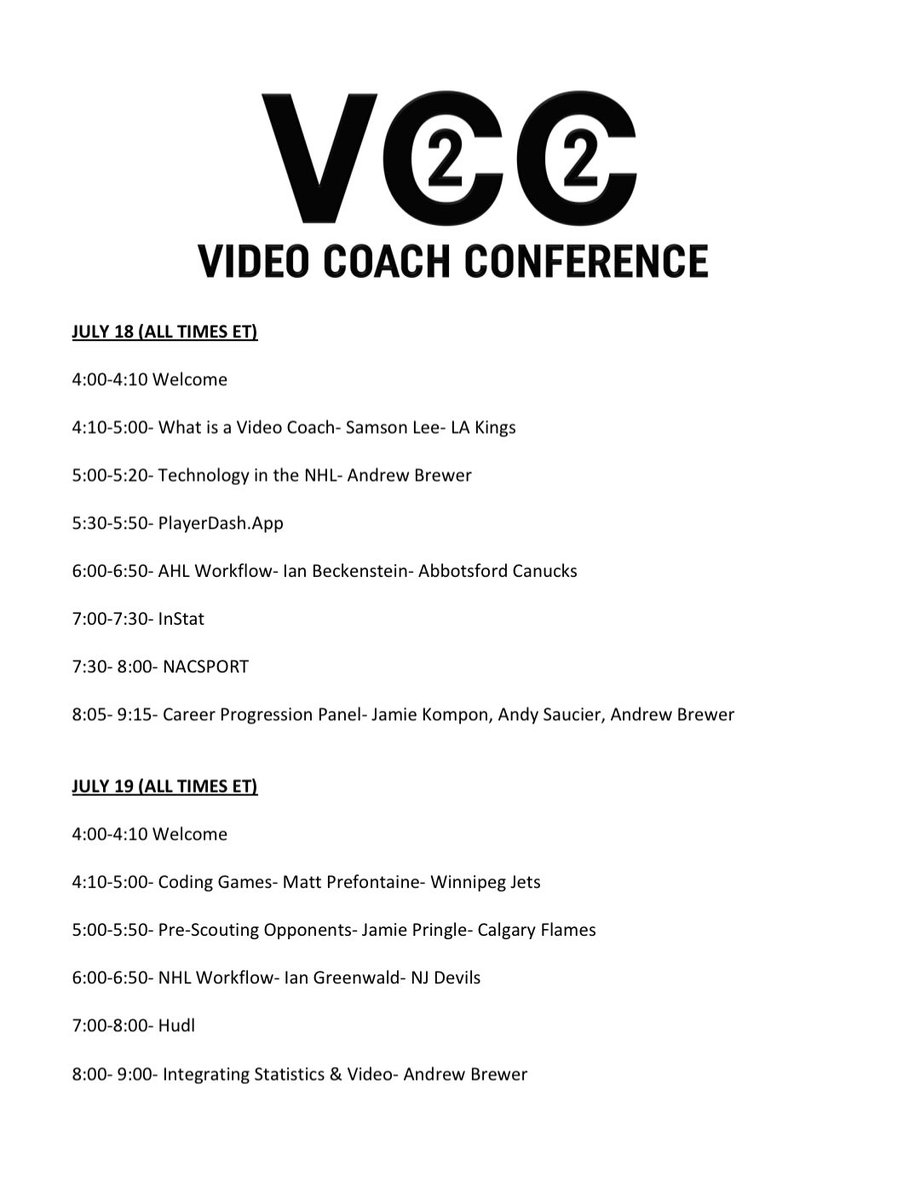 The agenda for the Video Coach Conference has been finalized!

Hear from top NHL coaches on topics that are applicable to you as a video coach!

Only a few spots remaining! 

Sign up now at: 200footcoaching.com/vcc22