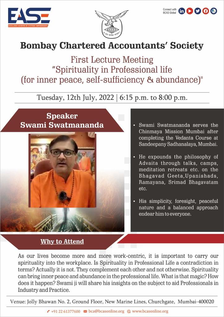 bcasglobal's tweet photo. Swami Swatmananda is one of the most dynamic leaders of Chinmaya Mission and its an honour to have him at the #BCASLectureMeeting 
Registration Link https://t.co/DeSBTck0qU

(2/2) https://t.co/VAgan9v5Ej