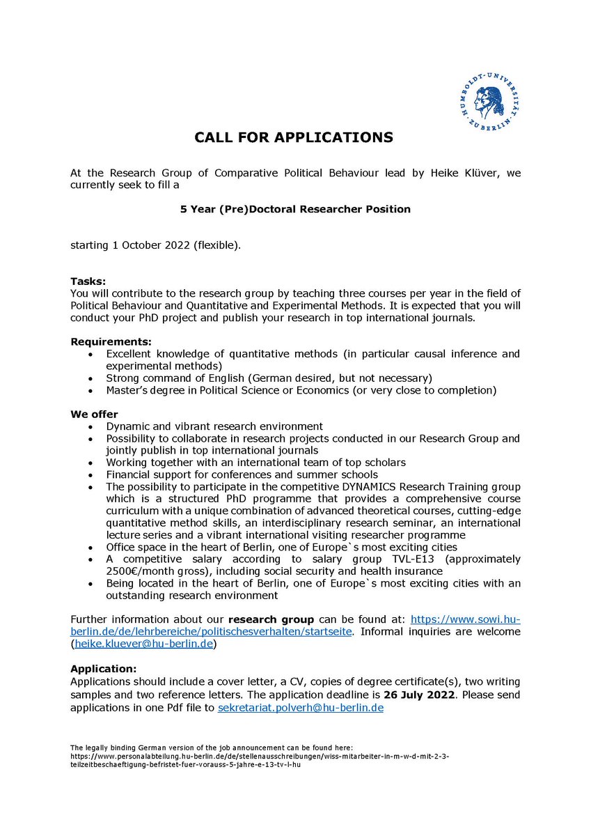 Heike Klüver (@heikekluever) on Twitter photo We currently seek to fill a 5 year (Pre) Doc Position. Come and join us at <a href="/HumboldtUni/">Humboldt-Universität zu Berlin</a>! Great job, great city and great team! We currently seek to fill a 5 year (Pre) Doc Position. Come and join us at <a href="/HumboldtUni/">Humboldt-Universität zu Berlin</a>! Great job, great city and great team!