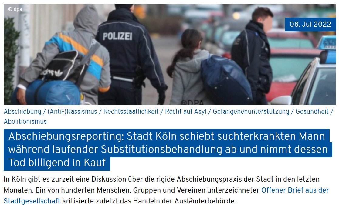 Dramatische #Abschiebungen noch und nöcher in #NRW. 

Stadt #Köln hat im Herbst suchterkrankten Mann aus dessen Substitutionsbehandlung gerissen und abgeschoben. Der plötzliche Abbruch der Therapie gefährdete dessen Leib und Leben. 

Unser Report
👇
grundrechtekomitee.de/details/koeln-…