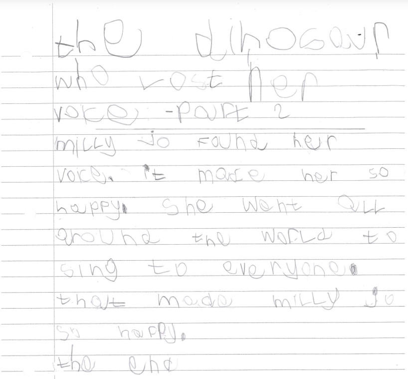 TCATlibraries's tweet photo. When reading 'The Dinosaur Who Lost Her Voice' by @JulieBallard3 one of the children from @monkerton responded with this lovely cover and piece when asked what they thought happened next. It is now in the library for all the other children to see! How creative! #Everychildareader https://t.co/lQ2oBjDZNp