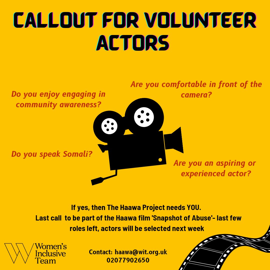 WomenInclusive's tweet photo. Reach out now - Final call for volunteer actors! 🎥✨🎭

#HaawaProject #DomesticAbuse #Women #Somali https://t.co/X2kRtvUt9i