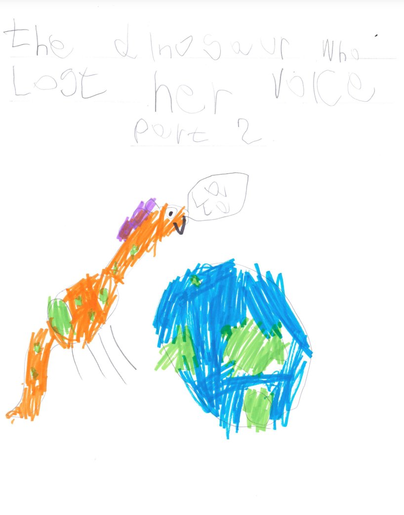 TCATlibraries's tweet photo. When reading 'The Dinosaur Who Lost Her Voice' by @JulieBallard3 one of the children from @monkerton responded with this lovely cover and piece when asked what they thought happened next. It is now in the library for all the other children to see! How creative! #Everychildareader https://t.co/lQ2oBjDZNp