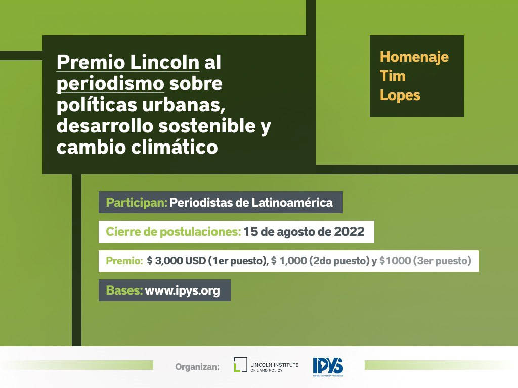 landpolicy's tweet photo. ¿Eres periodista que escribe sobre temas relacionados con políticas urbanas y desarrollo urbano sostenible?
Hemos inaugurado el Premio Lincoln, en honor al periodista brasileño #TimLopes, que se dará en el marco de COLPIN 2022. @IPYS
➡️ https://t.co/pPcRcjDC3F https://t.co/JCbb6Q6IFq