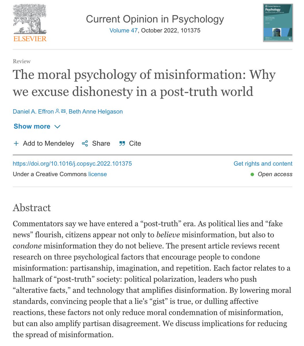 Why do people condone misinformation they don’t believe? 

Our 🚨new paper🚨 explores three psychological factors that encourage people to excuse misinformation: 
-partisanship 
-imagination
-repetition 

We link each factor to a key characteristic of "post-truth” society.