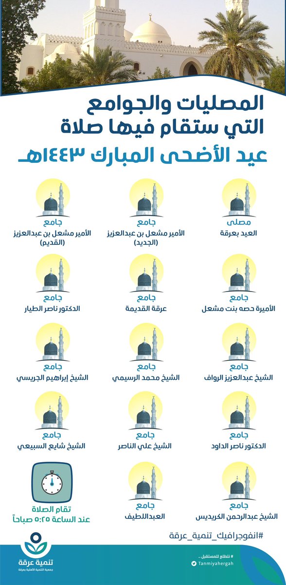 المصليات والجوامع التي سوف تقام فيهما صلاة عيد الاضحى المبارك في عرقة لعام ١٤٤٣هـ .

#انفوجرافيك_تنمية_عرقة
#عيد_الأضحى_المبارك