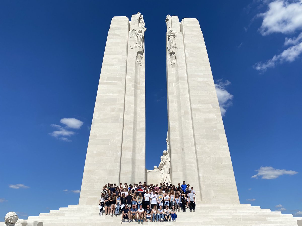 Obligatory group photo at the incredible Vimy Ridge memorial, after battling our way up the hill, as the Canadians did in in 1917