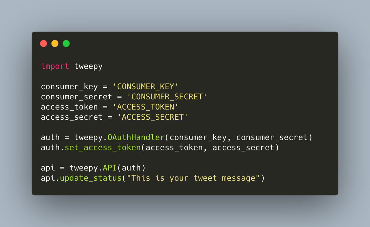 How to send a tweet with #Python and TweePy in under 10 lines of code

🐍🔥