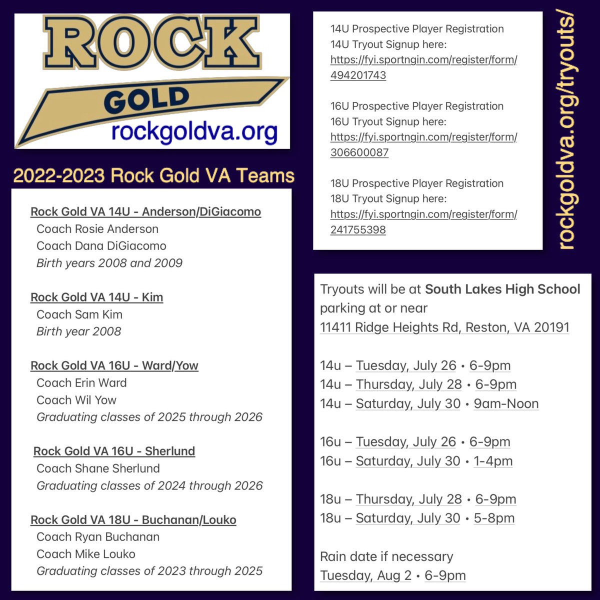 2022-2023 Rock Gold VA Tryouts

14U Tryout Signup here:
fyi.sportngin.com/register/form/…

16U Tryout Signup here:
fyi.sportngin.com/register/form/…

18U Tryout Signup here:
fyi.sportngin.com/register/form/…

#TogetherWeROCK
