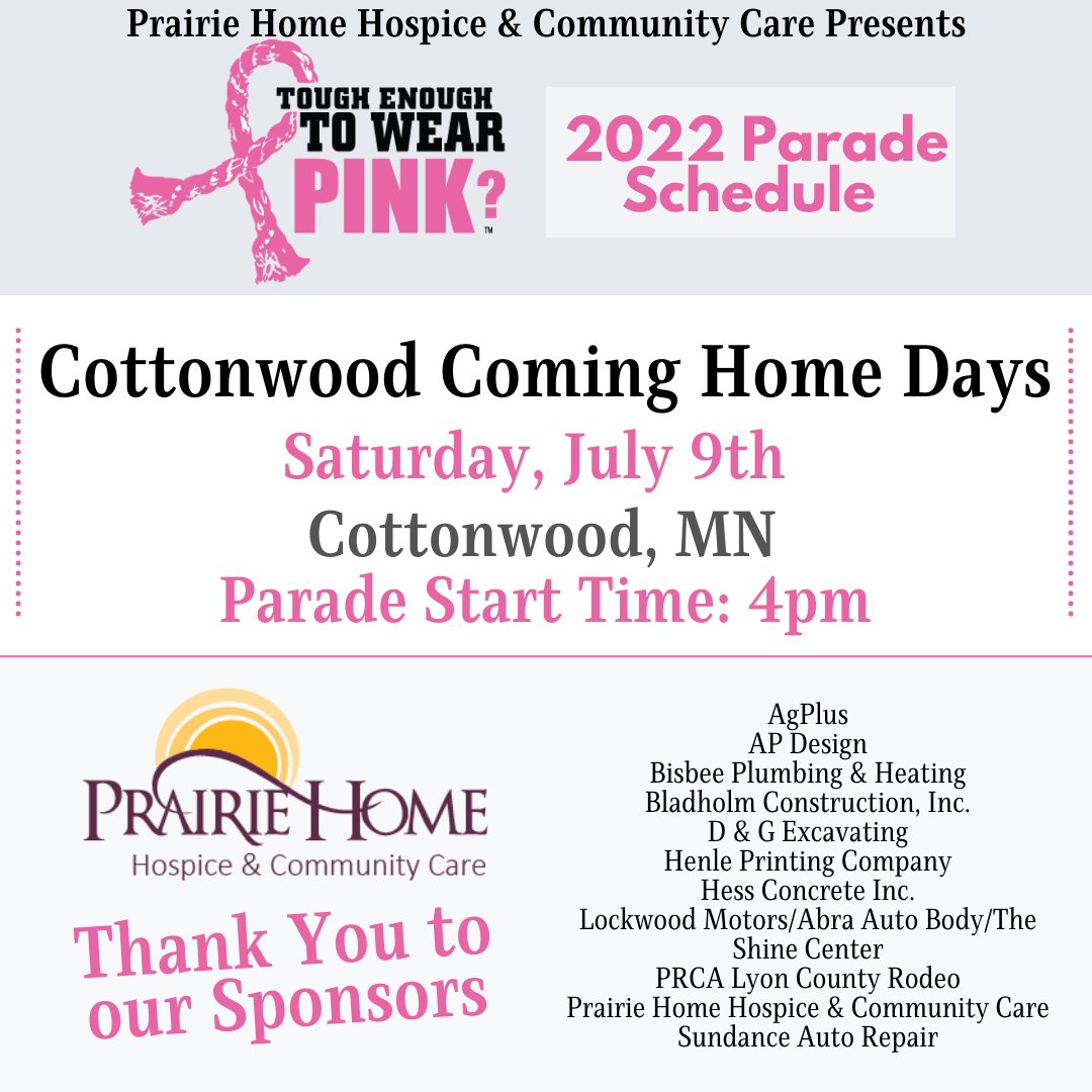 PrairieHomeHosp's tweet photo. Thanks @ChamberMarshall for supporting this year's TETWP campaign! 
We are continuing our 2022 Parade Season tomorrow at Cottonwood Coming Home Days. Join us in Cottonwood with a parade start time of 4pm. 
Are you #toughenoughtowearpink - snag your shirts today if you are! https://t.co/f9OzDgBnec