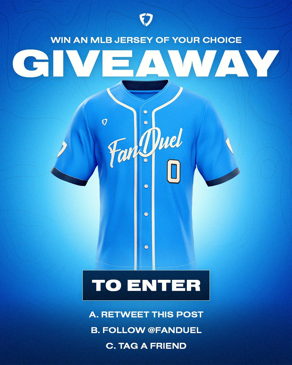 FanDuel's tweet image. 🚨 GIVEAWAY ALERT 🚨

Want to win an MLB jersey of your choice?

To enter:
1⃣ FOLLOW us: @FanDuel
2⃣ RETWEET this Post
3⃣ Tag a Friend

One winner will be selected at random on 7/25.
Rules: bit.ly/3ytKP8s