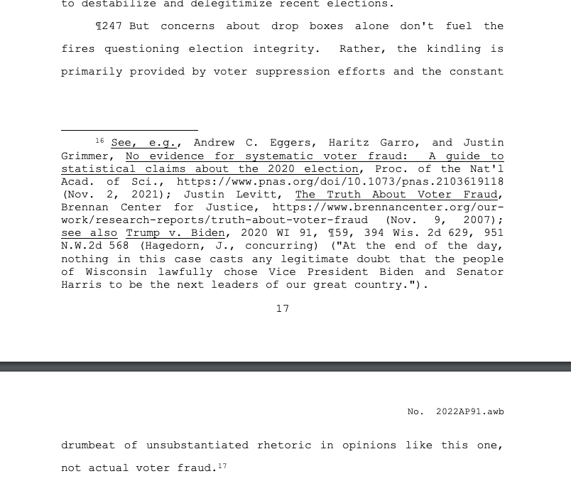 Three dissenting justices on the Wisconsin supreme court rip the majority opinion for saying drop boxes cause people to lose faith in elections. Rhetoric is "downright dangerous to
our democracy," justices say.