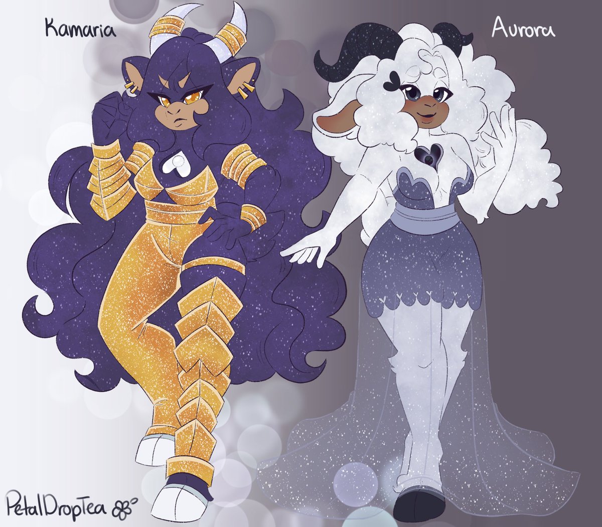 PetalDropTea's tweet photo. Say hello to Aurora and Kamaria, two goddesses who are basically night and day. 👀💕 #characterdesign #goddess https://t.co/H7M21cSYDP