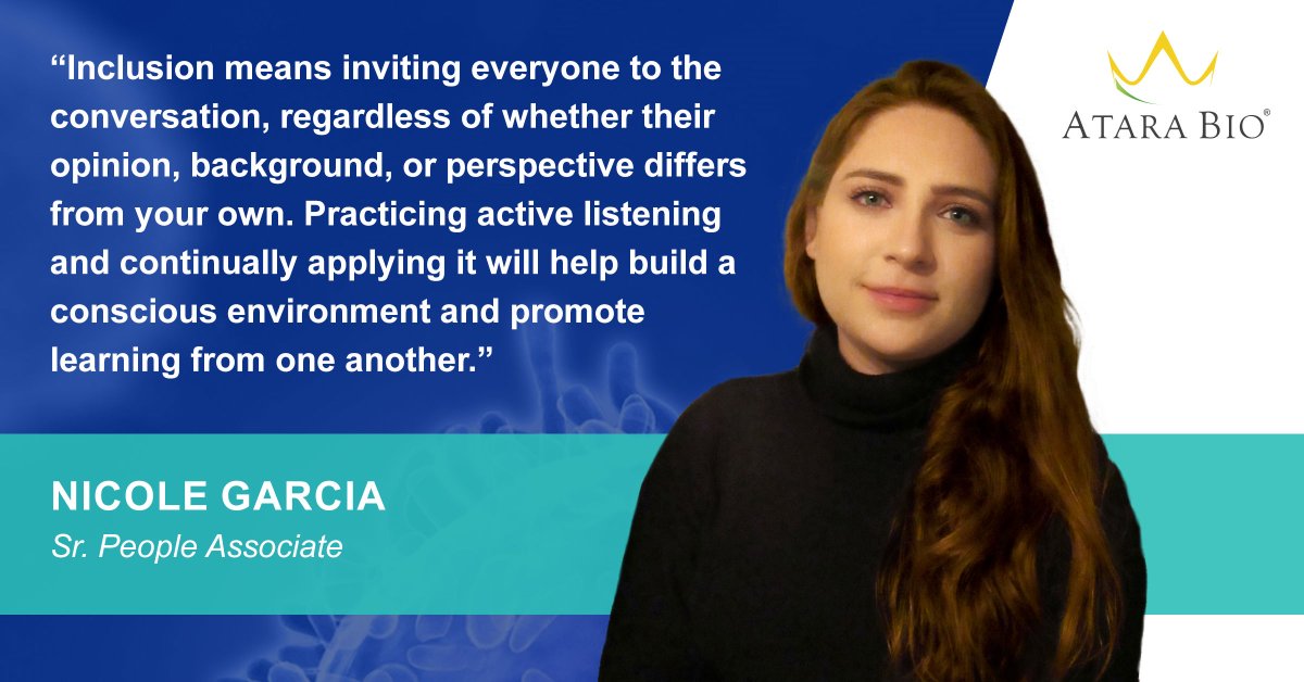 Atarabio's tweet photo. Nicole Garcia, Sr. People Associate, joined Atara with the goal of creating a space powered by inclusion &amp; empathy. To Nicole, inclusion is more than having a seat at the table—it is fostering an environment where others can openly &amp; safely share their perspectives. #LifeatAtara https://t.co/lMdAsaFvTN