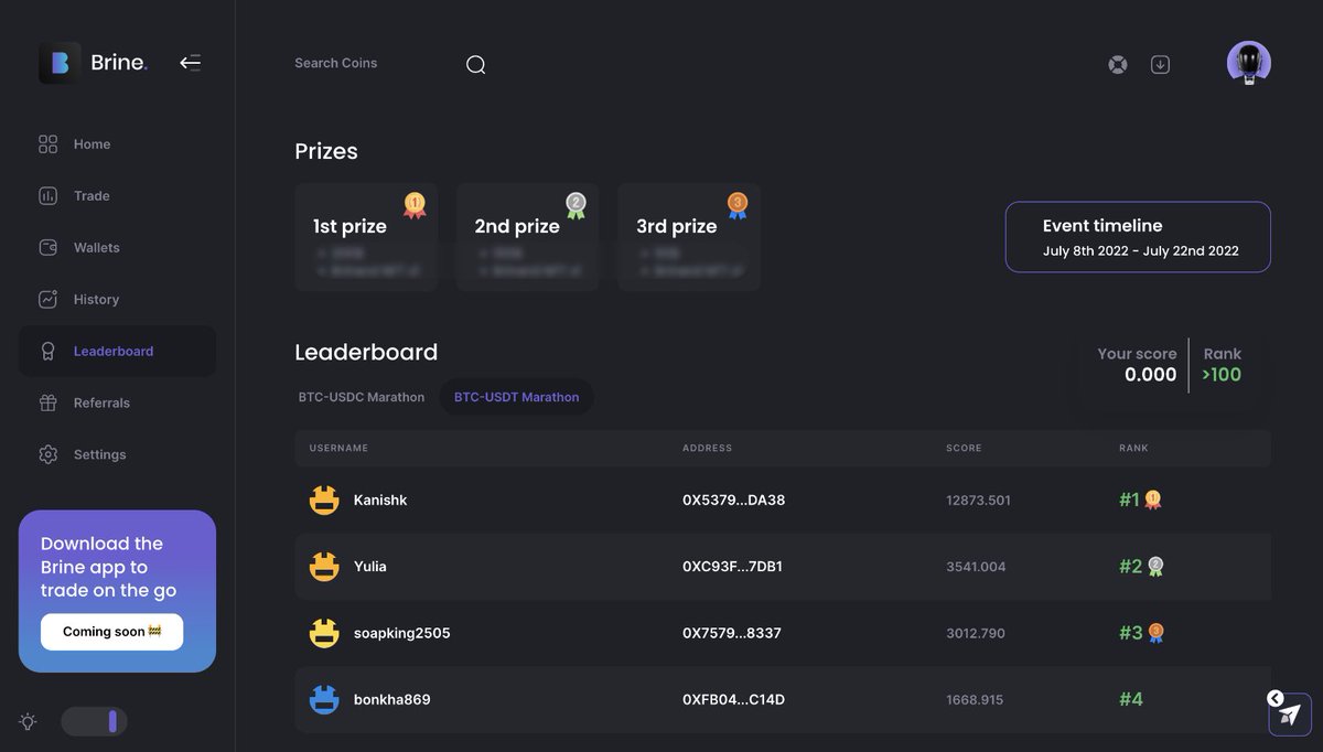 tanXfinance's tweet photo. New Feature 🔊
Trading competitions are now live on Brine!

Showcase your trading abilities and win exclusive NFTs, USDCs, roles and trading fee rebates on Mainnet!

Get ready to Fetch it! ⬇️
https://t.co/wbwJHTRktt https://t.co/QllP1uyTsc
