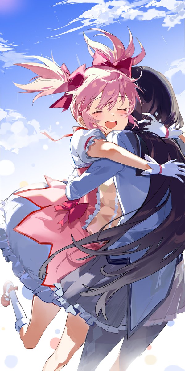 akemi homura ,kaname madoka multiple girls 2girls twintails happy hug pink hair skirt  illustration images